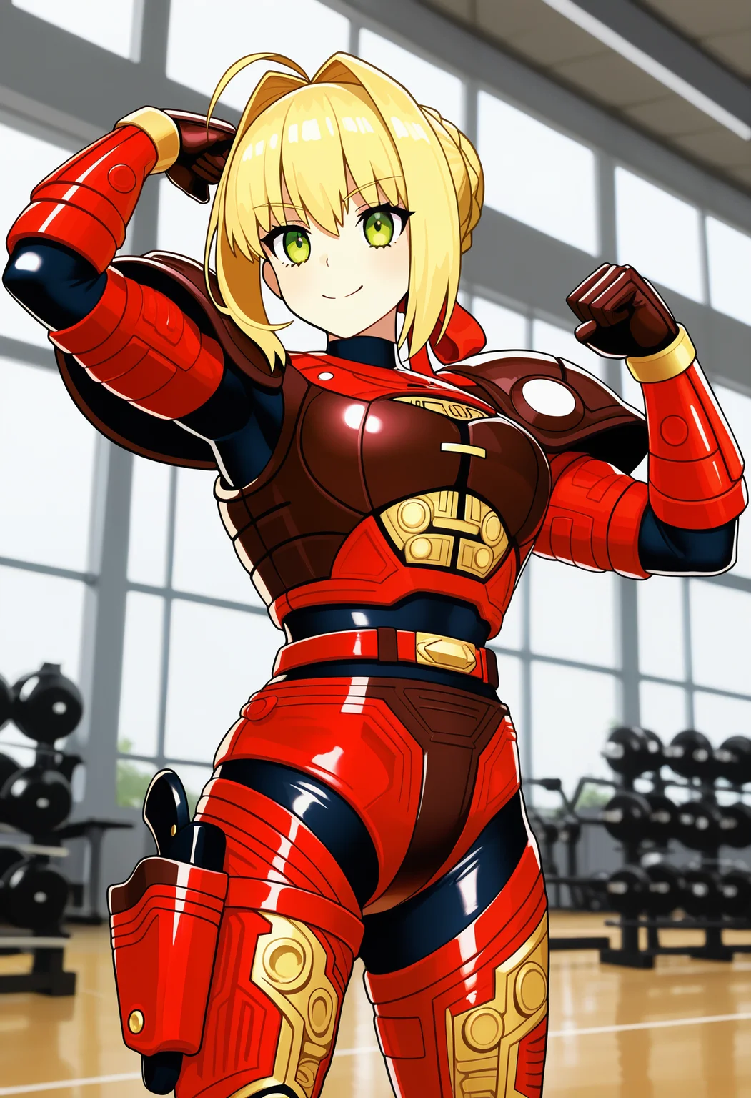 1girl, solo, R3ddle, armor, bodysuit, shoulder pad, gloves, belt, holster, shiny clothes, nero claudius (fate), blonde hair, green eyes, flexing, looking at veiwer, smile, cowboyshot,
indoors, gym,
best quality, very aesthetic, masterpiece,