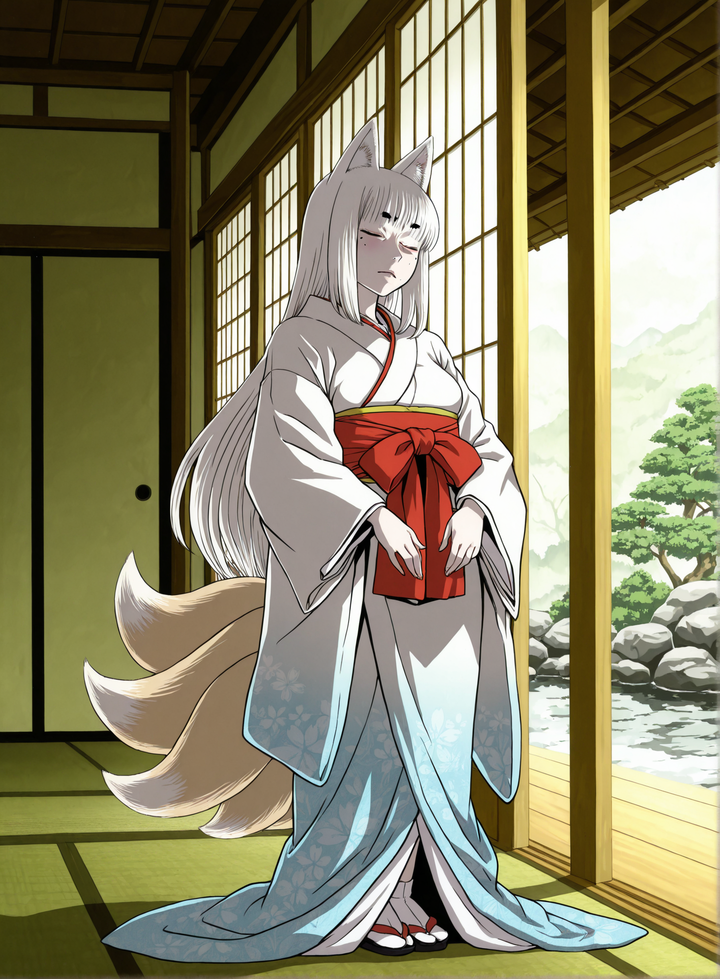 masterpiece, best quality, amazing quality, absurd res,
 <lora:Radiohead_Style_for_Illustrious:1> r4dioh3ad_style
youkai, 1girl, solo, old female, white hair, fox ears, japanese clothes, closed eyes, mole, tail,
