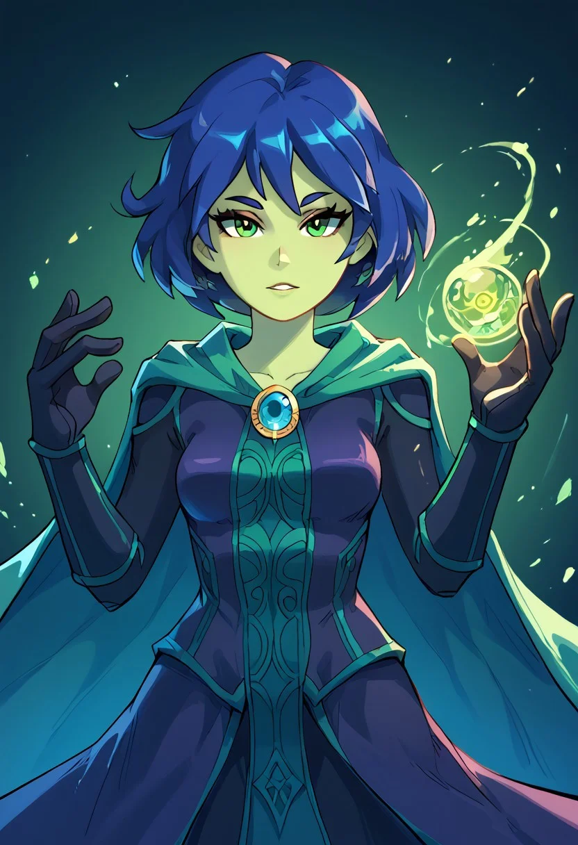 score_9, score_8_up, score_7_up, Expressiveh, beautiful, dynamic pose, random pose, GERPH_style, dynamic view, breast focus, mona_shovelknight, green skin, short hair, blue hair, green eyes, cape, black gloves, black dress