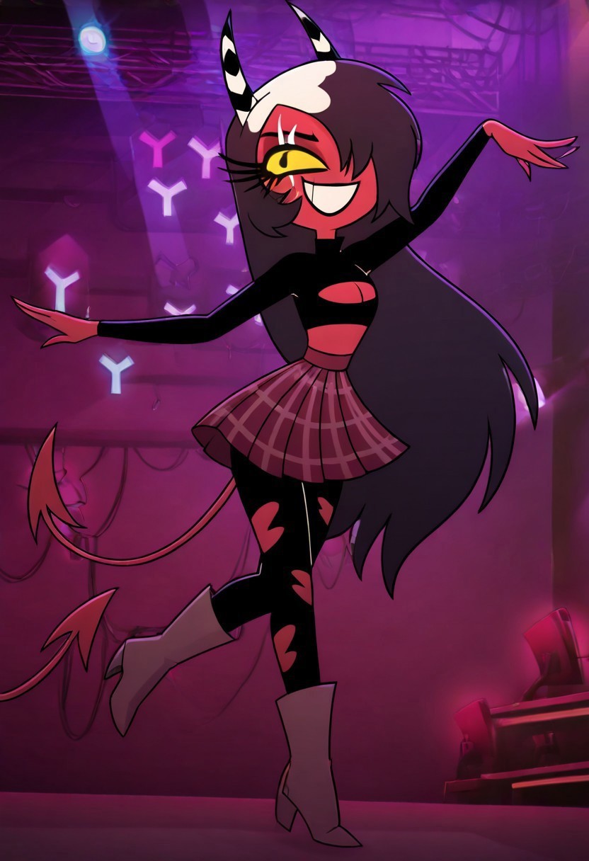 masterpiece, best quality, newest, absurdres, highres,  HB-ARTSTYLE-V1.0, 1girl, SMHBS-V1.0, demon girl, red skin, red colored skin, skirt, short skirt, torn legging, torn tights, hair over one eye, clevage, clevage cutout, clothing cutout, very long hair, yellow sclera, colored sclera, tail, smug, smile, grin, happy, dance, dancing,