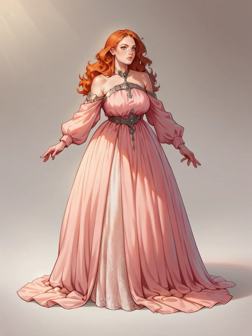 score_9, score_8_up, score_7_up, score_6_up, score_5_up, score_4_up, long hair, ginger hair, large breasts, <lora:Fr3ckledXLP:0.3> Fr3ckles,1girl, freckles, grey eyes <lora:v0gp1nkXLP:0.5>v0gp1nk,bare shoulders,pink dress,long sleeves,full body,
