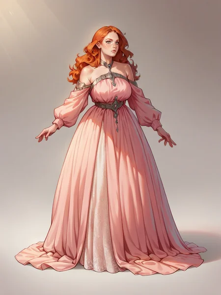 score_9, score_8_up, score_7_up, score_6_up, score_5_up, score_4_up, long hair, ginger hair, large breasts, <lora:Fr3ckledXLP:0.3> Fr3ckles,1girl, freckles, grey eyes <lora:v0gp1nkXLP:0.5>v0gp1nk,bare shoulders,pink dress,long sleeves,full body,