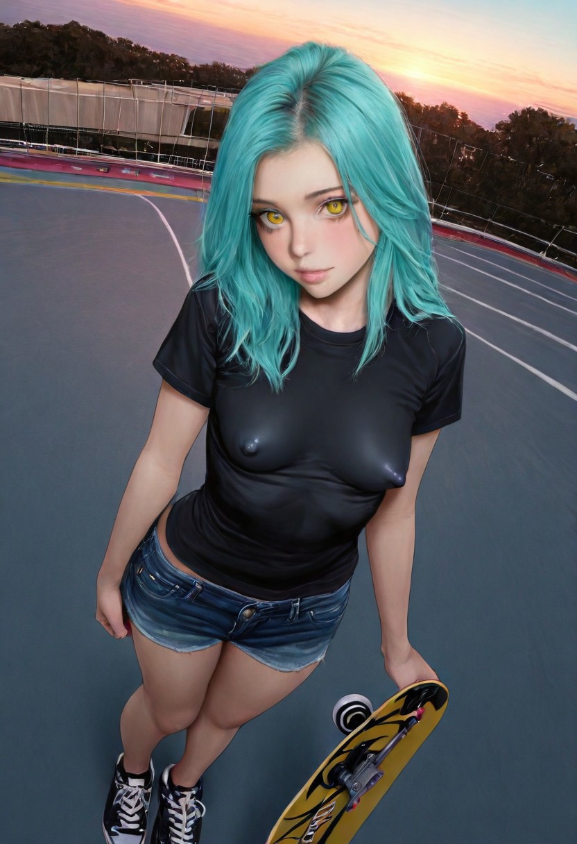 amazing quality, masterpiece, best quality, hyper detailed, ultra detailed, UHD, perfect anatomy,hyper-realism, realistic, extremely detailed, beautiful detailed face, side view, very aesthetic, 1girl, ((18 years old)), head turned to look at viewer, seductive smile,, (medium breasts, covered nipples, nipples not visible), cute, seductive, perfect blue eyes, wearing a short black t-shirt micro jeans shorts, a skateboard in her hands, perfect golden hour light, in a skate-park, outdoors, inviting, black sneakers. black make-up.  outdoors, depth of field, dynamic angle, (((covered nipples))), bright blue eyes, small breasts with puffy nipples, perfect hands and fingers,crystalake, crystalake, rnat,aqua hair,yellow eyes,
