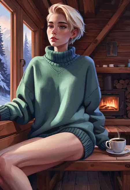 digital painting, androgynous male, oversized sweater only, bare legs, drinking coffee, lounging in a cozy winter cabin