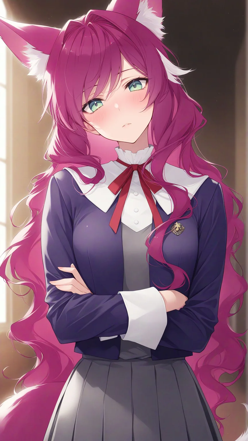 masterpiece, best quality, amazing quality, Smooth Quality, penelope eckhart, penelope eckhart, 1girl, pink hair, small breasts, green eyes, bangs, wavy hair, long hair, mature female, blush, head tilt, <lora:penelope_eckhart-illustrious-v-1:0.8>, fox ears, fox tail, cute, school uniform, crossed arms, white tips tail, abstract background