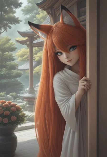 score_9, score_8_up, score_7_up, anime illustration, ultra high quality, perfection, young human woman with fox ears and fluffy fox tail. Human skin. BREAK peeking out, 1girl, upper body, Sakura She she has red turtleneck dress with a slit, red hair. view of the Japanese garden with pagoda. 8K resolution