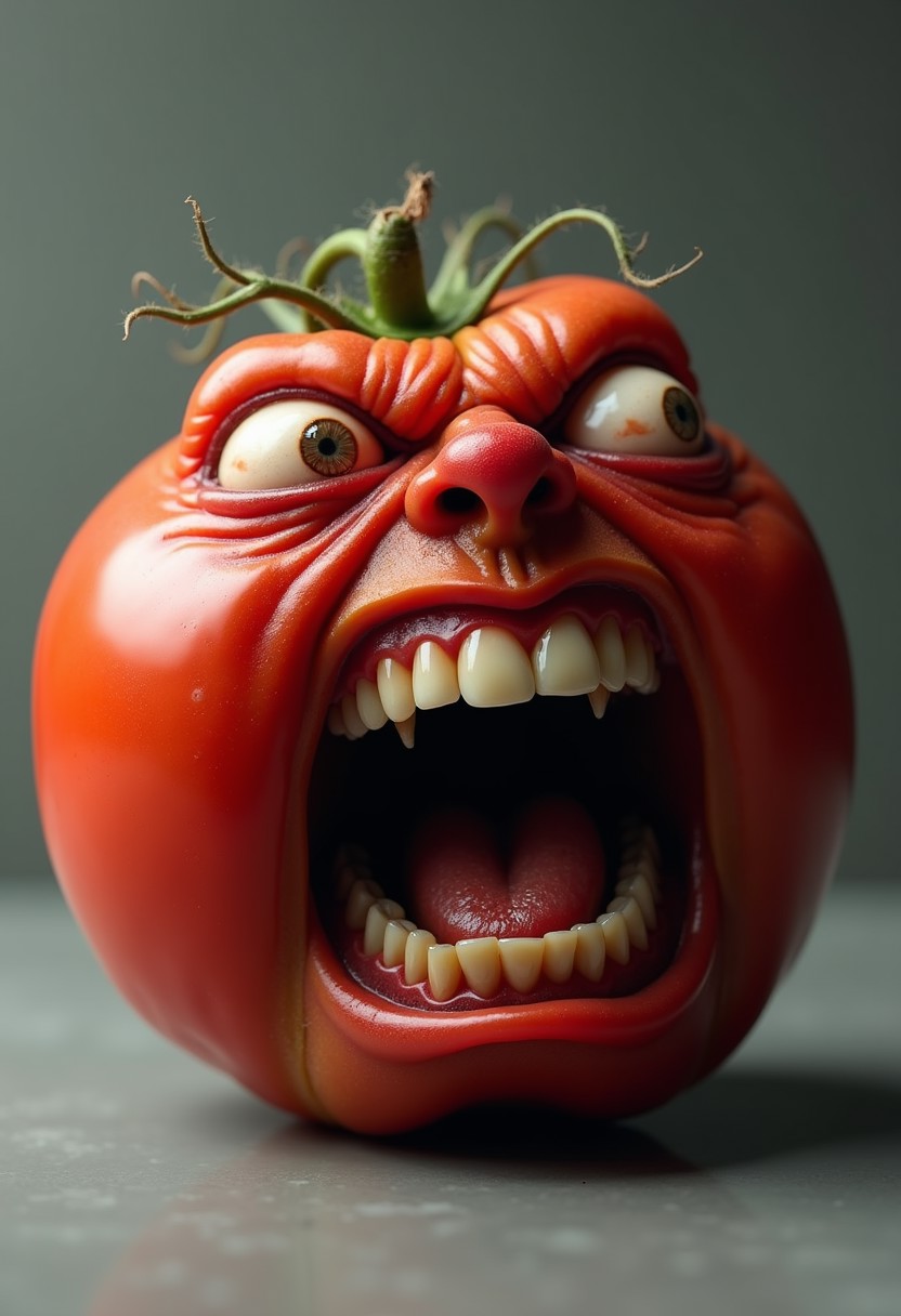 Hyperrealistic tomato with a grotesquely anthropomorphic face, screaming in intense rage or agony. Round and plump with a smooth red skin, transitioning seamlessly into wrinkled, flesh-like features. Eyes bulge outward, bloodshot and strained, with pale, watery flesh forming eerie eye sockets. Brow deeply furrowed, creating harsh lines across the tomato's surface. Nose scrunched and flared, nostrils clearly visible. Mouth stretched impossibly wide, revealing rows of human-like teeth and a moist, glistening tongue. Lips pulled back in a snarl, exposing gums. Cheeks contorted, emphasizing the screaming expression. Skin pores and fine hairs visible on the face portion, blending into the smooth, shiny tomato texture with its subtle imperfections. Vivid red coloration with subtle variations in tone, highlighting the vegetable's curvature. Harsh lighting from above casts dramatic shadows, accentuating the three-dimensional quality and the grotesque facial features. Background is a neutral grey gradient, focusing attention on the surreal, nightmarish tomato creature.