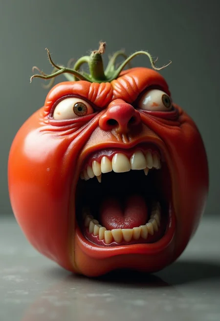 Hyperrealistic tomato with a grotesquely anthropomorphic face, screaming in intense rage or agony. Round and plump with a smooth red skin, transitioning seamlessly into wrinkled, flesh-like features. Eyes bulge outward, bloodshot and strained, with pale, watery flesh forming eerie eye sockets. Brow deeply furrowed, creating harsh lines across the tomato's surface. Nose scrunched and flared, nostrils clearly visible. Mouth stretched impossibly wide, revealing rows of human-like teeth and a moist, glistening tongue. Lips pulled back in a snarl, exposing gums. Cheeks contorted, emphasizing the screaming expression. Skin pores and fine hairs visible on the face portion, blending into the smooth, shiny tomato texture with its subtle imperfections. Vivid red coloration with subtle variations in tone, highlighting the vegetable's curvature. Harsh lighting from above casts dramatic shadows, accentuating the three-dimensional quality and the grotesque facial features. Background is a neutral grey gradient, focusing attention on the surreal, nightmarish tomato creature.