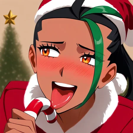 (C4NDYC4N3:1.4), an anime style image, absurdres, best quality, hyper-detailed, dynamic, (Nemona) an adult female is licking a candy cane, Anime coloring, 1girl, Nemona \(pokemon\), black hair, streaked hair, ponytail, orange eyes, eyelashes, dark skin, dark-skinned female,licking, tongue out, tongue, upper teeth, smile, face focus, looking to the side, blushing, embarrassed, red coat, santa hat, christmas, masterpiece, best quality, good quality, newest,