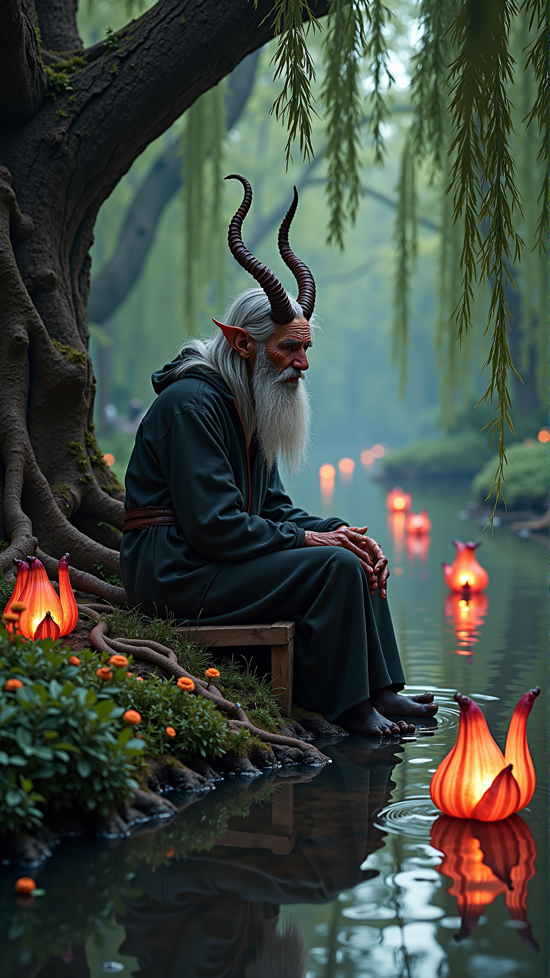 A photo of a KrampusStyle A serene old woman with weathered face and wild grey hair sits beside a tranquil stream under the whispering branches of a centuries-old willow tree, its gnarled roots curled around a worn wooden bench. The soft glow of lanterns crafted from delicate glass waves floats on the water's surface, casting a warm ethereal light that guides a procession of small wooden boats carrying weary seafarers home, their faces etched with gratitude and relief as they gently glide across the calm waters, surrounded by lush greenery and vibrant wildflowers that sway gently in the breeze.. Dark, atmospheric and moody atmosphere. scary, ebony, teeth
<lora:KrampusStyleFlux:__wildcards/numbers/07-09__>