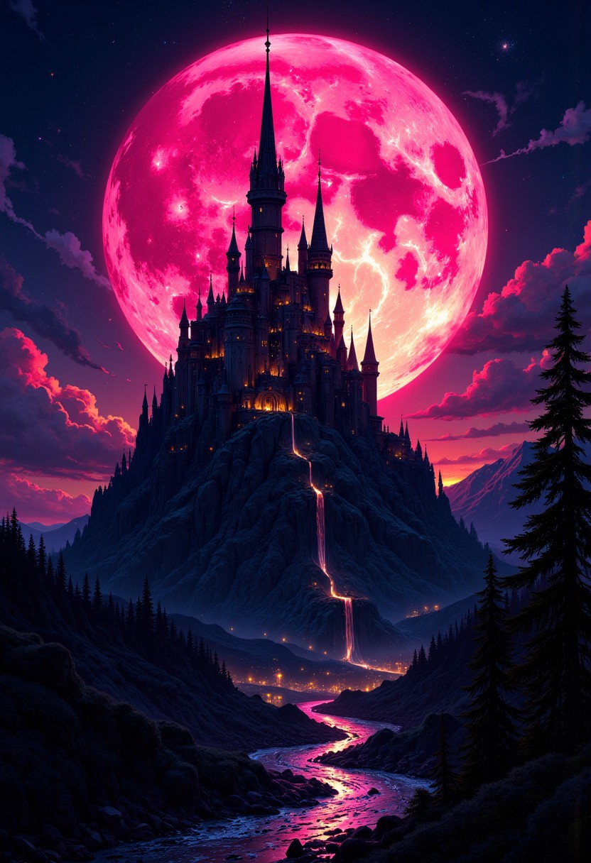 masterpiece, high detail, masterpiece, citadel silhouetted by giant dull magenta moon, great lighting, highest definition, HD32K, wallpaper, hyperdetailed, mythp0rt, photorealistic