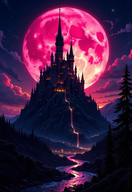 masterpiece, high detail, masterpiece, citadel silhouetted by giant dull magenta moon, great lighting, highest definition, HD32K, wallpaper, hyperdetailed, mythp0rt, photorealistic