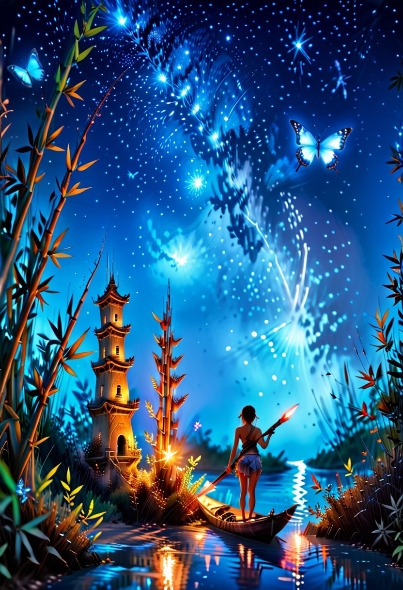 tower, starry sky, bamboo, 1girl, horizon, watercraft, holding, weapon on back, standing, animal focus, blue butterfly, glowing, coral, blurry, from behind, sitting, bush, night