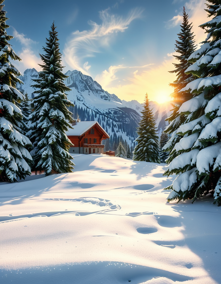 A cozy wooden chalet nestled in a serene winter landscape, surrounded by tall, snow-covered pine trees. Warm golden lights glow from the chalet's windows, contrasting with the crisp, cold air of the snowy evening. A thick layer of fresh snow blankets the ground, with a few footprints leading to the wooden front door. Smoke gently rises from the chimney, suggesting a warm fire inside. The sky is a soft twilight blue, with the first stars beginning to appear. In the foreground, a wooden fence partially covered in snow adds to the rustic charm. A small stack of firewood is neatly arranged near the entrance. The atmosphere is peaceful and inviting, evoking a sense of warmth and solitude in the midst of nature. The art style is hyper-realistic with soft lighting and high detail, emphasizing the texture of the wood, snow, and trees.
<lora:SDXLFaeTastic2400:0.4> <lora:extremely_detailed:0.4> extremely detailed, <lora:winter_l4ndsc4p3:1>,winter l4ndsc4p3, Masterpiece,best quality,hi res,8k,hi res,8k,award winning,(sharp focus, intricate, highly detailed),