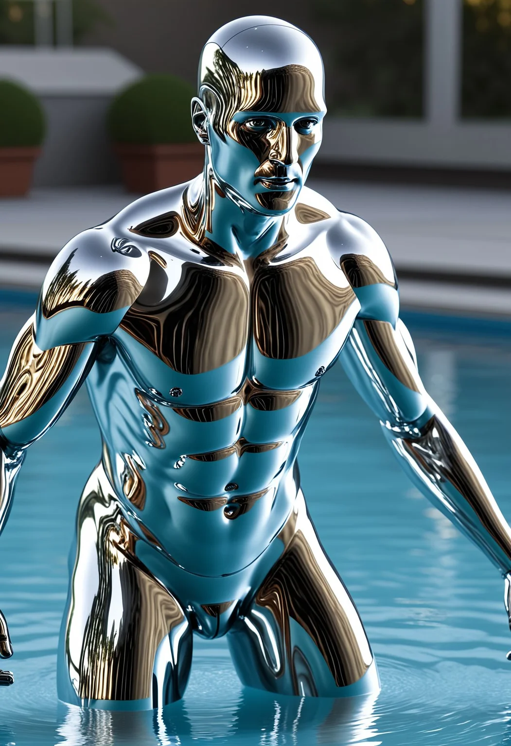 a liquid metal man emerging from a pool of liquid metal, with reflective and smooth surfaces, highly detailed, trending on ArtStation, intricate details, hyper-realistic, shiny, metallic sheen, sci-fi, futuristic, high resolution, digital art, photorealistic, chrome, <lora:LIQUID_METAL:1>, [photography, realistic, photorealistic, 8k, highly detailed, cinematic lighting, intricate details, high resolution, award-winning,   correct focus, realistic, realistic lighting, highly detailed,  masterpiece], ((Cinematic Still-Shot))