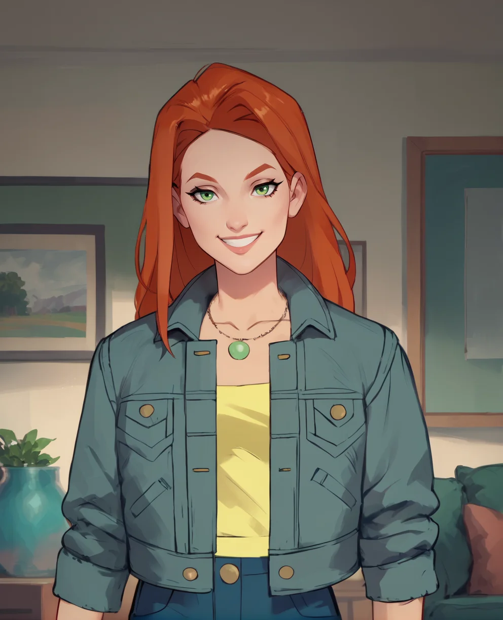 score_9,score_8_up,score_7_up,score_6_up,score_5_up,score_4_up,
atomevexl,green eyes,orange hair,
jean jacket,yellow shirt,necklace,
standing,smile,upper body,
indoors,living room,
<lora:AtomeEve:1>,