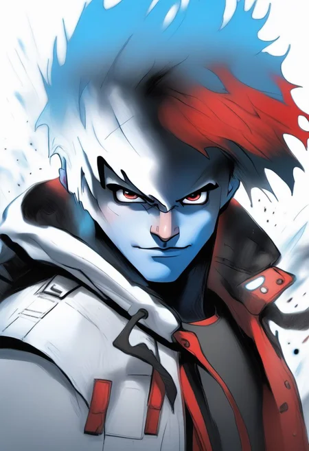 Duskfallcrew Art Style, solo, blue eyes, shirt, 1boy, white background, blue hair, jacket, male focus, open clothes, pants, hood, hair over one eye, red jacket, grimace, frustrated look, masterpiece, official art, best quality,