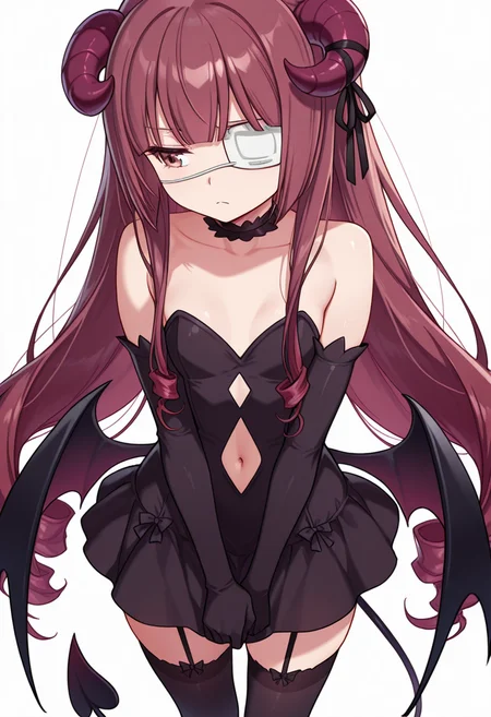 Smooth Quality,masterpiece,very intricate, high quality details, ultra realistic, high detailed skin,detailed enviorement,absurdres,
crossed fingers,
<lora:Hanazono_Yurine_CNR:0.8> yurine_cnr, brown hair,very long hair, brown eyes, medical eyepatch, frown,
yurine_succubus_cnr, demon girl, curled horns, demon wings, low wings, demon tail, navel cutout, black dress, strapless dress, elbow gloves,black thighhighs, garter straps,black choker, hair ribbon, simple background, white background, from behind,solo,, depressed,