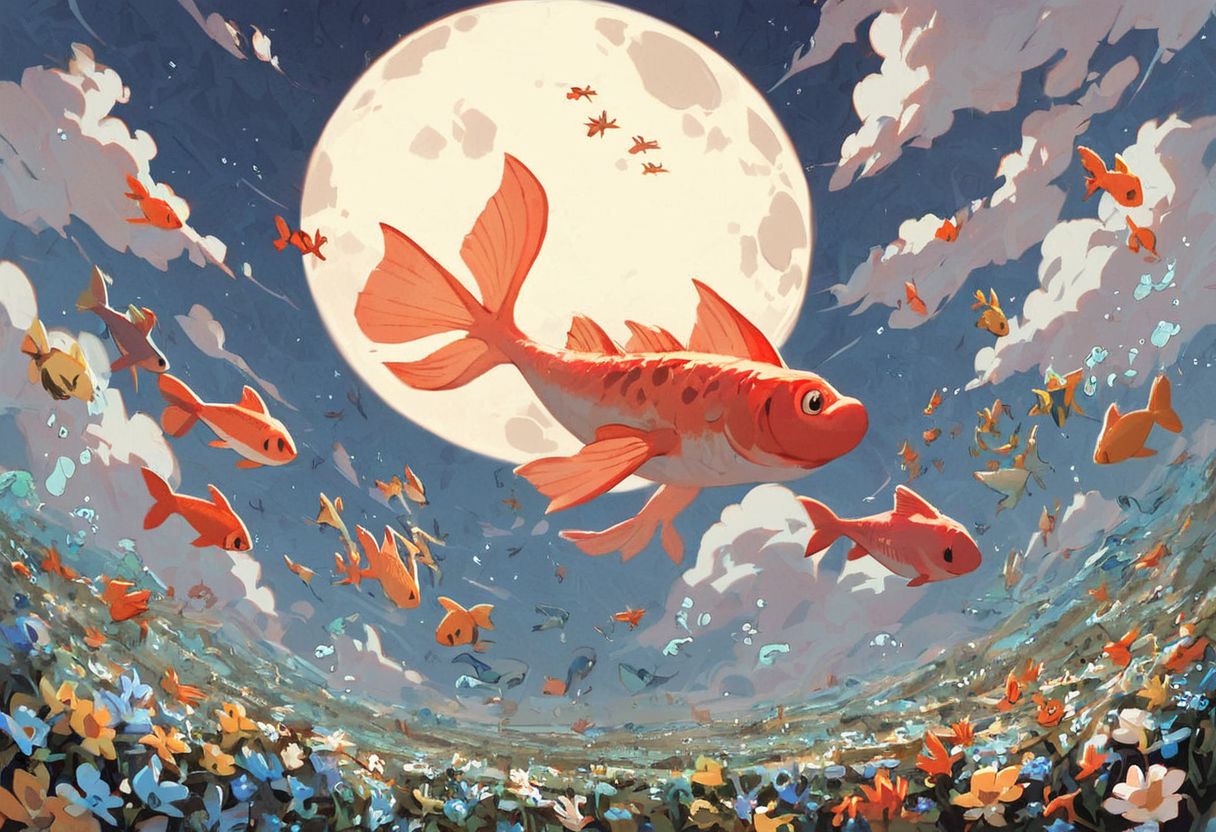 score_9, score_8_up, score_7_up, score_6_up,
nature background, flowers, flower, clouds, fields, flower field, night time, dark county side, moon in the sky, huge moon, glowing moon, white glow, horizon view, flat horizon 
flying fish, fish floating, fish swimming thriugh the sky, betta fish, multi colour fish,  swarm of fish, 30 fish, huge swarm of fish,fish ,Aquatic life, swarm of fish around a big fish, large goldfish, goldfish, large fish, dragon fish, dragon gold fish