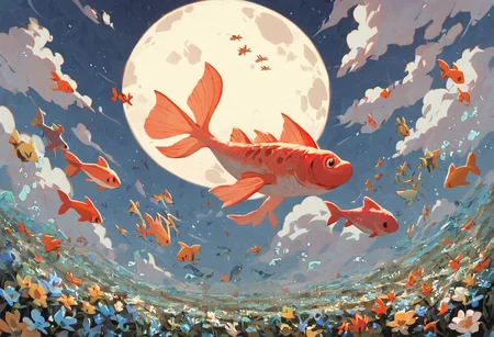 score_9, score_8_up, score_7_up, score_6_up,
nature background, flowers, flower, clouds, fields, flower field, night time, dark county side, moon in the sky, huge moon, glowing moon, white glow, horizon view, flat horizon
flying fish, fish floating, fish swimming thriugh the sky, betta fish, multi colour fish, swarm of fish, 30 fish, huge swarm of fish,fish ,Aquatic life, swarm of fish around a big fish, large goldfish, goldfish, large fish, dragon fish, dragon gold fish