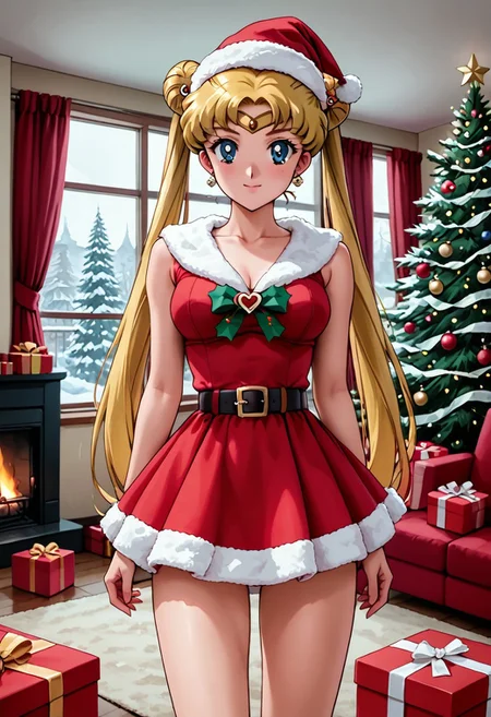 full_details, <lora:usagi-tsukino-s3-ponyxl-lora-nochekaiser:1>, usagi tsukino, blonde hair, blue eyes, double bun, hair bun, hair ornament, long hair, twintails, circlet, parted bangs, santa costume, dress, belt, dark skin, white background, red dress, , santa hat, short dress, fur trim, christmas, indoors, living room, tree, fireplace, decorations, presents, window, snow outside