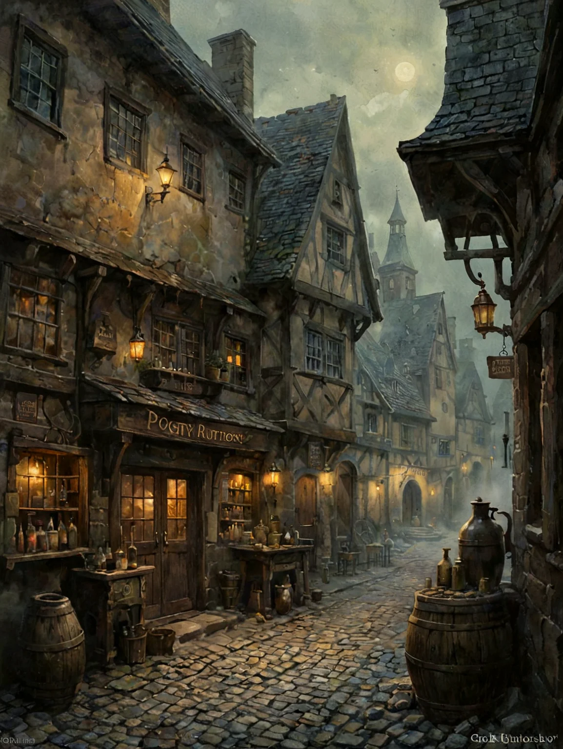 An old apothecary's workshop on a meandering cobblestone street.

Dusty. Musty.

Fantasy style. Fantasy dreamlike art. Dreamy watercolor.

Atmospheric, rustic, moody, misty.

A sign above the shop (text "Potions")

<lora:greg_rutkowski_xl_2:1> greg rutkowski 
<lora:The_Dark_Side_of_the_Earth:0.2>
