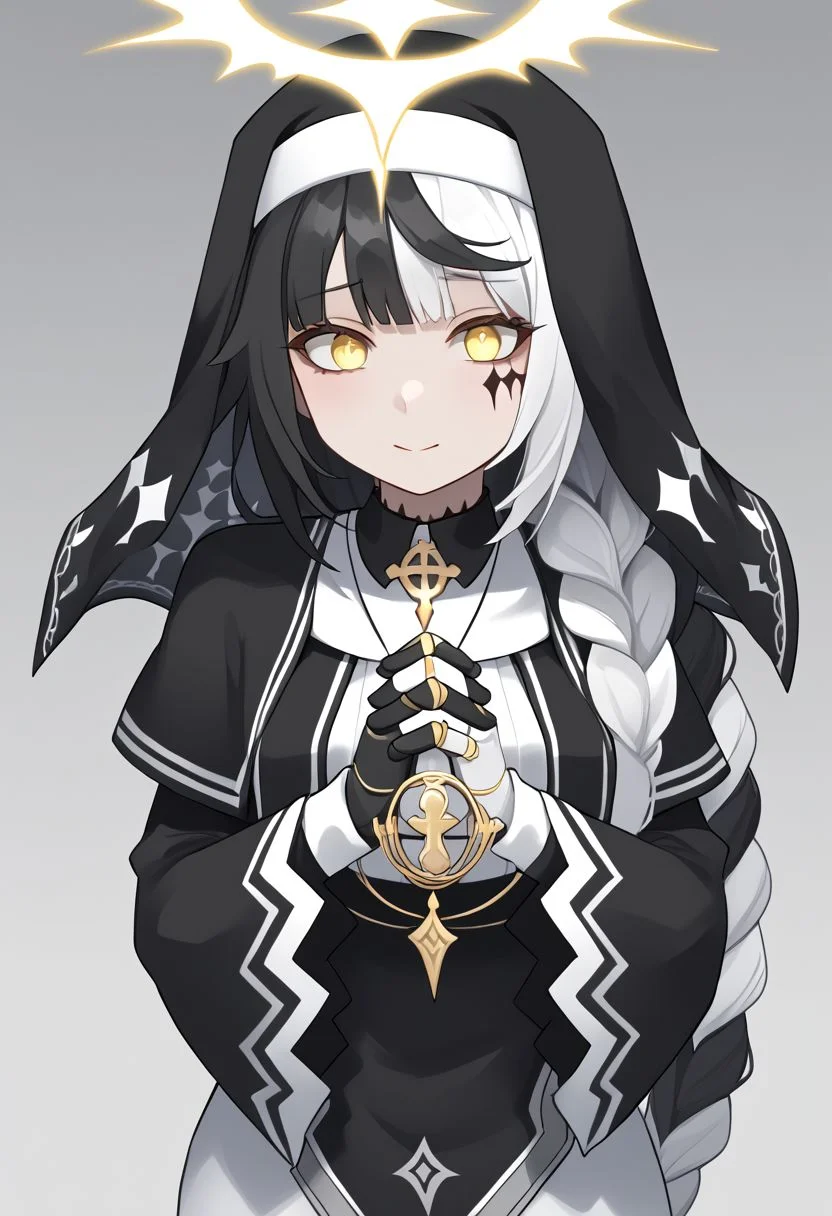 1girl, absurdres, solo, long hair, black hair, streaked hair, two-tone hair, yellow eyes, braid, white hair, multicolored hair, facial mark, braided ponytail, veil, nun, habit, black capelet, asymmetrical gloves, mismatched gloves, doll joints, interlocked fingers, own hands together, own hands clasped, palms together, praying, emotionless, close up
