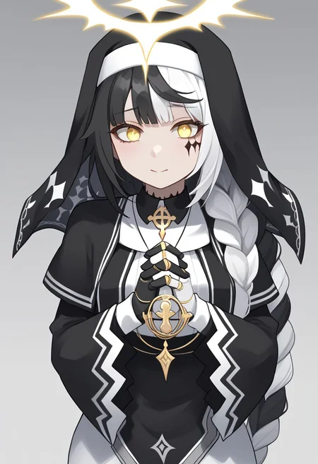 1girl, absurdres, solo, long hair, black hair, streaked hair, two-tone hair, yellow eyes, braid, white hair, multicolored hair, facial mark, braided ponytail, veil, nun, habit, black capelet, asymmetrical gloves, mismatched gloves, doll joints, interlocked fingers, own hands together, own hands clasped, palms together, praying, emotionless, close up