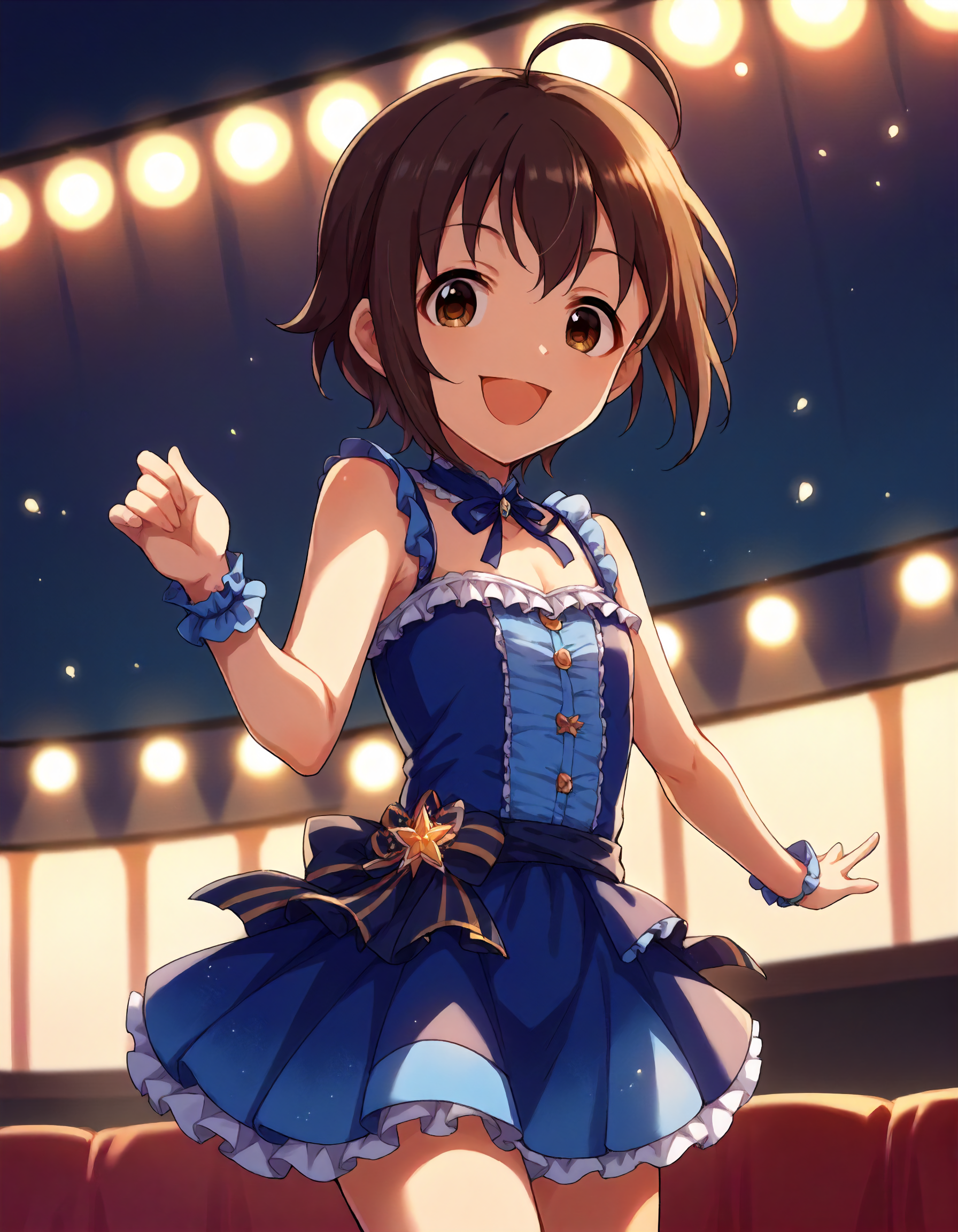score_9,score_8_up,score_7_up,1girl,solo,cowboy shot,smile,open mouth,looking at viewer,stage lights,
<lora:wakiyamatamami_ponyXLV6:0.8>,cgwtmm,
brown hair,short hair,ahoge,brown eyes,flat chest,
blue dress,frills,sleeveless,blue skirt