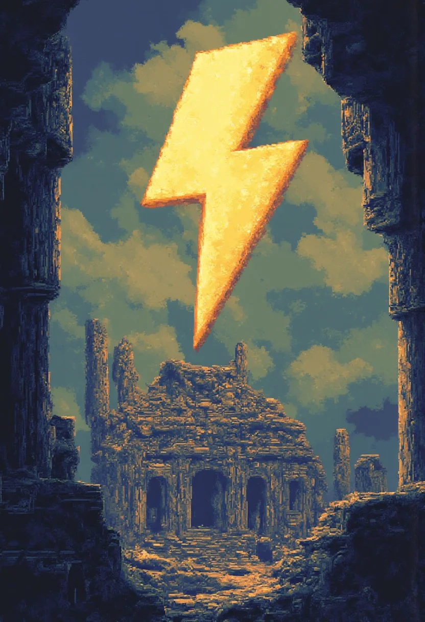 Pixelart of a large floating yellow thunderbolt symbol above an ancient monument