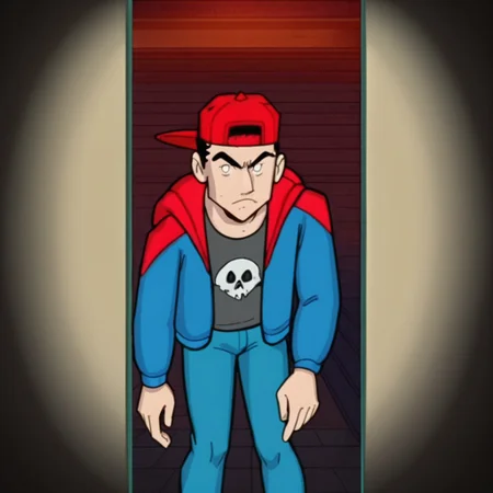 1boy, solo, black hair, black eyebrows, red cap, circle shaped eyes, white eyes without pupils, red jacket, open jacket, black bottom shirt, blue pants, serious face,