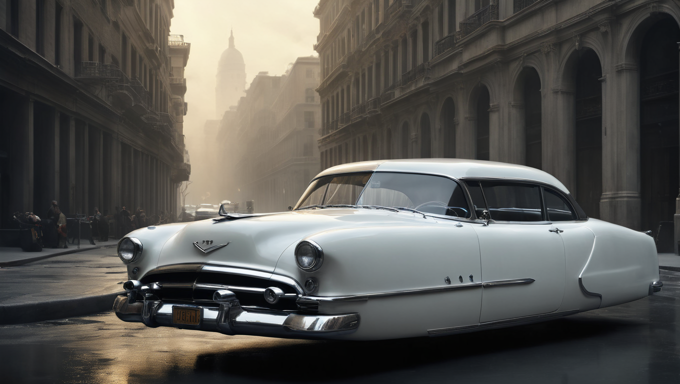 white hovering car, <lora:Hovering_Car_SDXL_v1:1>Hovering_Car, 1956, city streets, no wheels, (1950s  automobile)  hyper realistic, 16k, cinematic lighting, wide shot, f/3.6, gotham city background, gloomy, haze, perfect composition, beautiful detailed intricate insanely detailed octane render trending on artstation, 8 k artistic photography, photorealistic concept art, soft natural volumetric cinematic perfect light, chiaroscuro, award - winning photograph, masterpiece, oil on canvas, raphael, caravaggio, greg rutkowski, beeple, beksinski, giger