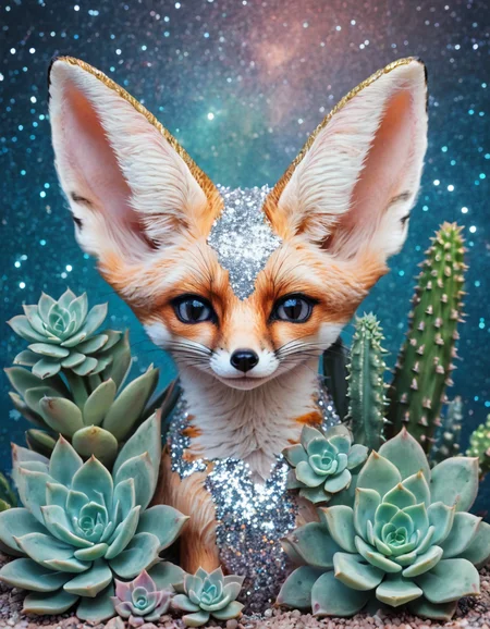<lora:103_novuschroma_1:.7> fennec fox with succulents novuschroma style glitter