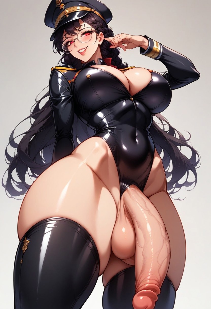 low angle, close view, flaccid penis,
score_9_up, source_anime, beautiful face, beautiful eyes, perfect eyes, perfect face,
1girl, solo, girl solo, slobber, hourglass shaped body, curvy figure,
front view, prison cell, ( latex boots with garters, stockings with garters, military cap:1.2), 
dynamic standing pose, seductive pose, half body, lewd face, slutty a lot, lewd face, slutty a lot, horny eyes, smug, high waisted thongs, high waisted thongs,
huge ass, huge tits, 
beautiful anime face, detailed anime face,
wide hips, (gigantic penis:1.2), flaccid penis,
BREAK
futanari Ayame KajouNk, glasses, black hair,long hair, braid, mackeup, red eyes, horny eyes, close view,