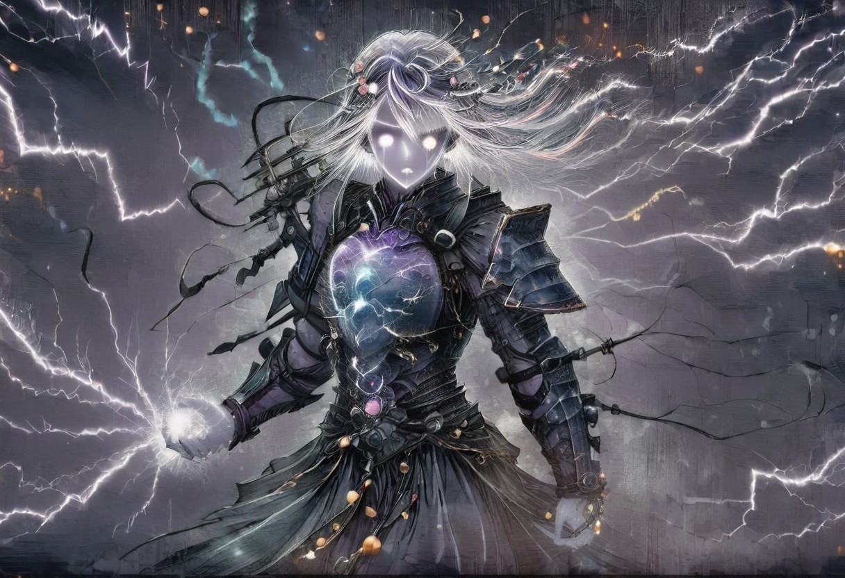 (Masterpiece:1.3), (best quality:1.2), (detailed background:1.1), (intricate details:1.1), (detailed background:1.2), 1girl, solo focus, standing, perfect anatomy, 
bleakfaith,
source_anime, night sky, dark cloud background, sky background, thunder on background, only purple lightning, purple sparks,
BREAK
watercolor, chinese,traditional,
BREAK
(purple hair:1.2),(pale skin:1.3), (purple skin:1.5),1girl,solo, mysterious, vivid color, shiny, (short purple hair), bob cut hair, purple eyes,glowing purple pupils, human ears, sparks from one eye,
laugh arrogantly,
BREAK
Clothes(dark suit,armor, lion chest plate), lightning, dark purple thunder, chinese style, 
spraks in hand,
BREAK
looking at the viewer, front view, full view,
best quality, ultra-detailed, absurdres, detail face, best quality, hires textures, high detail, (4k),incredibly detailed
NegativeDynamics,