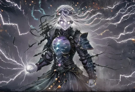 (Masterpiece:1.3), (best quality:1.2), (detailed background:1.1), (intricate details:1.1), (detailed background:1.2), 1girl, solo focus, standing, perfect anatomy,
bleakfaith,
source_anime, night sky, dark cloud background, sky background, thunder on background, only purple lightning, purple sparks,
BREAK
watercolor, chinese,traditional,
BREAK
(purple hair:1.2),(pale skin:1.3), (purple skin:1.5),1girl,solo, mysterious, vivid color, shiny, (short purple hair), bob cut hair, purple eyes,glowing purple pupils, human ears, sparks from one eye,
laugh arrogantly,
BREAK
Clothes(dark suit,armor, lion chest plate), lightning, dark purple thunder, chinese style,
spraks in hand,
BREAK
looking at the viewer, front view, full view,
best quality, ultra-detailed, absurdres, detail face, best quality, hires textures, high detail, (4k),incredibly detailed
NegativeDynamics,