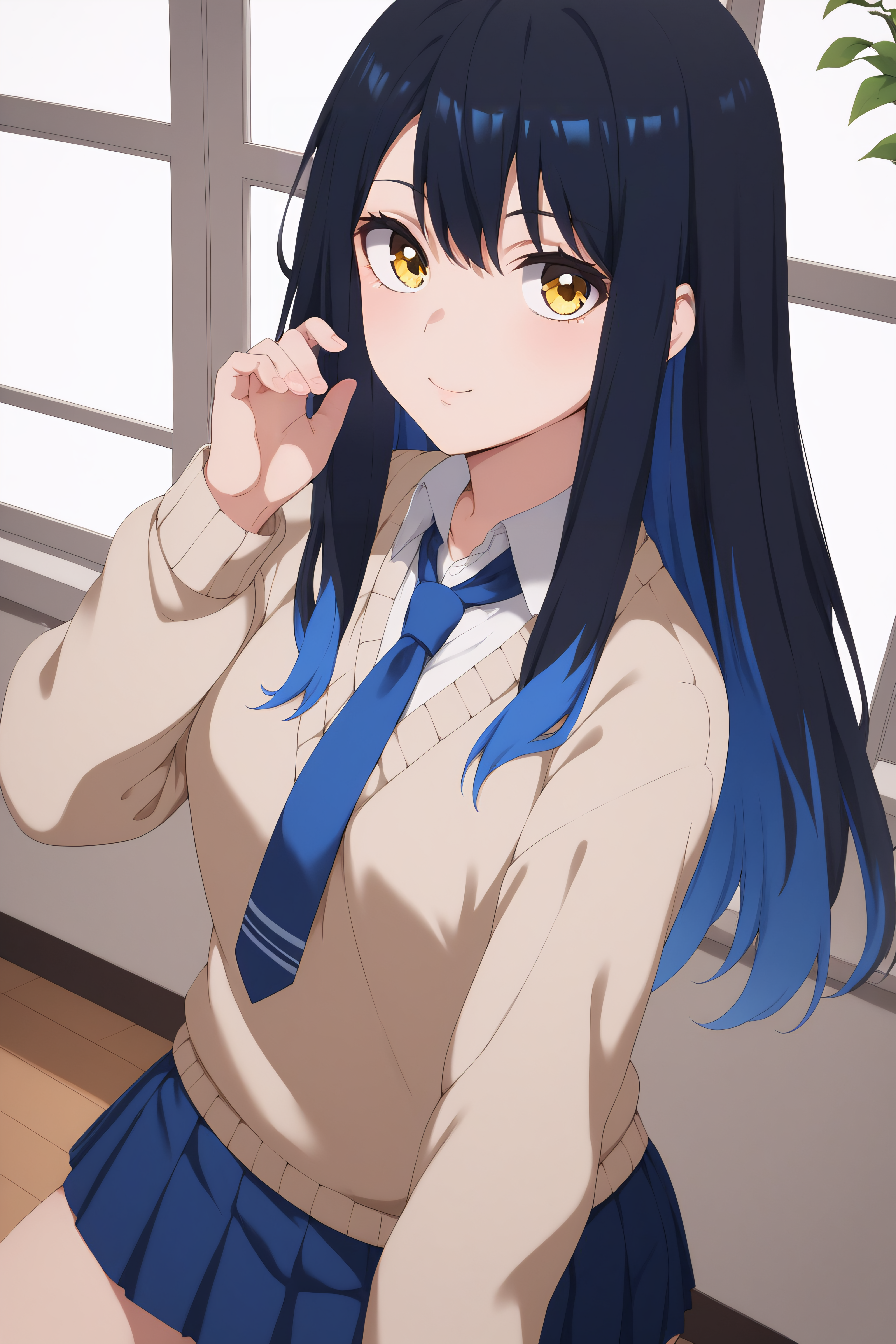 score_9, score_8_up, score_7_up, score_6_up, score_5_up, score_4_up, BREAK source_anime, <lora:miko yotsuya-PonyXL:0.8> miko yotsuya, yellow eyes, black hair, blue hair, multicolored hair, long hair, blue pleated skirt, beige sweater, blue necktie,