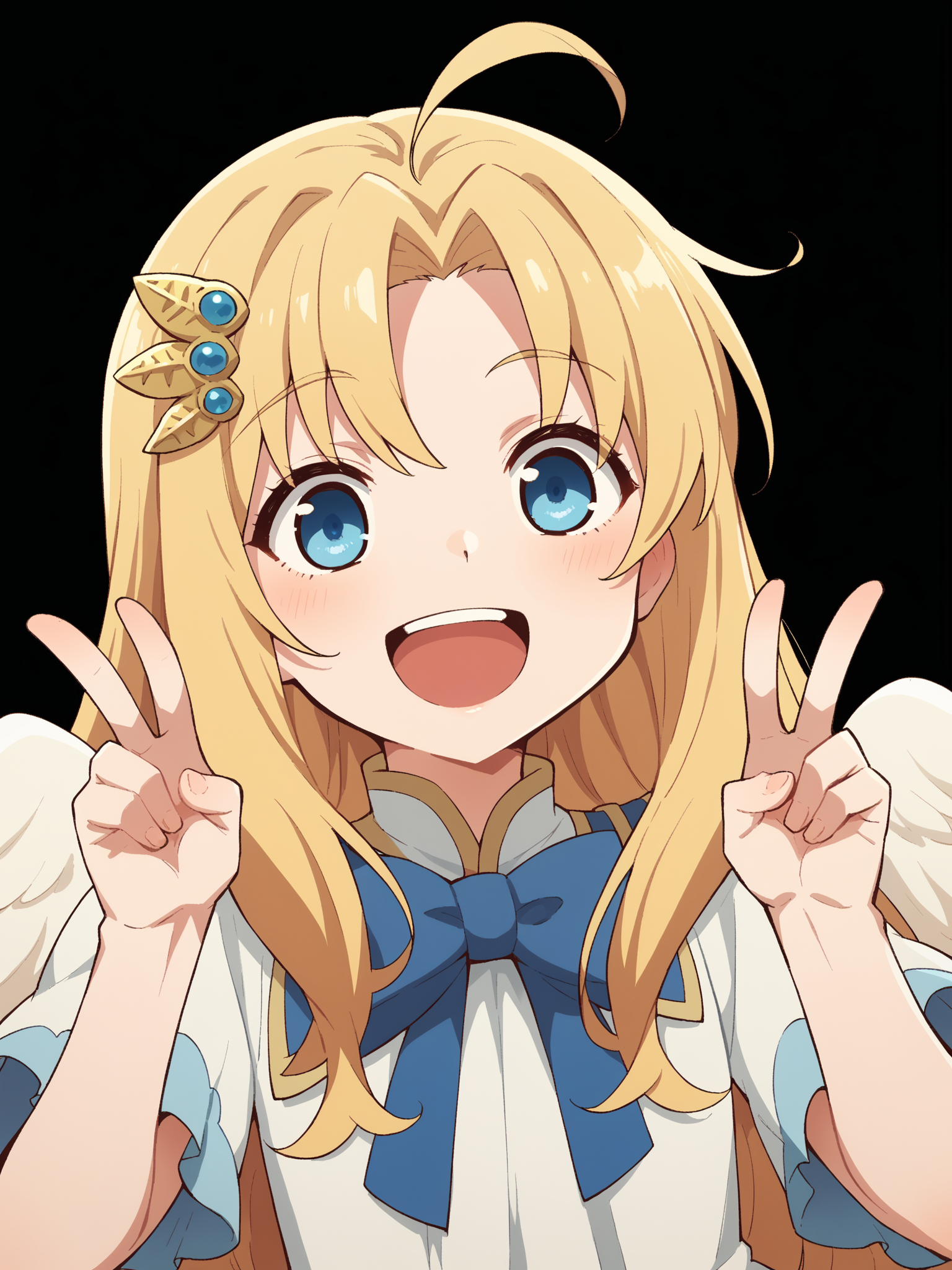 score_9, score_8_up, score_7_up, highly detailed, BREAK source_anime, <lora:last:0.6>, <lora:FilocXLPonyV1:0.7>,
cute girl, solo, firo \(tate no yuusha no nariagari\), Filoc, flat chest, blonde hair, blue eyes, long hair, ahoge, angel wings, white dress, blue bow, hair ornament, happy, open mouth, upper teeth only, double v,