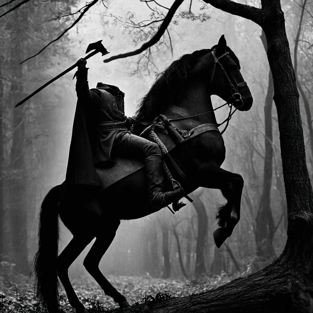 cinematic film still of  <lora:Headless Horseman v3:0.9>
Decapitated Headless Horseman an epic fantasy drawing of a Headless man riding a gothic horse through a tree forest with axe,solo,1boy,holding,monochrome,weapon,male focus,outdoors,cape,holding weapon,tree,border,nature,forest,riding,axe,black border,horse,bare tree,holding axe,horseback riding,detailed,real,different,unique,cinematic,dramatic,concept art,filmic,horror style, shallow depth of field, vignette, highly detailed, high budget, bokeh, cinemascope, moody, epic, gorgeous, film grain, grainy
