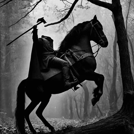 cinematic film still of <lora:Headless Horseman v3:0.9>
Decapitated Headless Horseman an epic fantasy drawing of a Headless man riding a gothic horse through a tree forest with axe,solo,1boy,holding,monochrome,weapon,male focus,outdoors,cape,holding weapon,tree,border,nature,forest,riding,axe,black border,horse,bare tree,holding axe,horseback riding,detailed,real,different,unique,cinematic,dramatic,concept art,filmic,horror style, shallow depth of field, vignette, highly detailed, high budget, bokeh, cinemascope, moody, epic, gorgeous, film grain, grainy