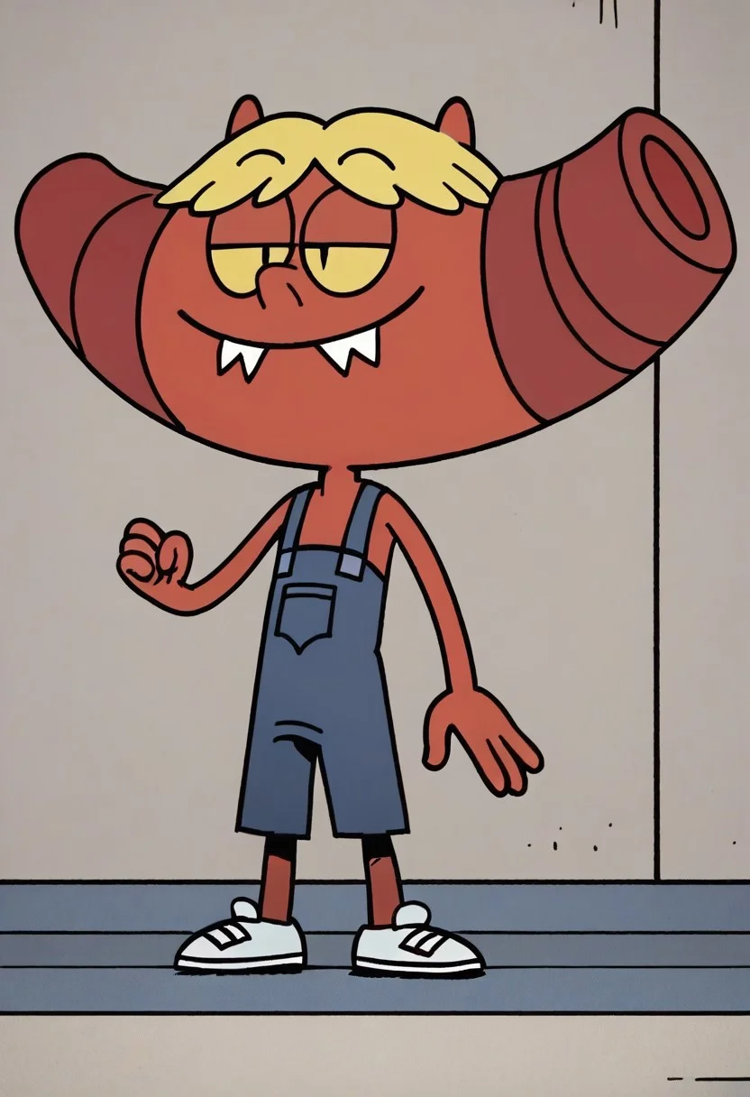 (score_9 | score_8_up | score_7_up) ((masterpiece:1))(best quality,very high quality,ultra detailed:1.2) (2D,cartoon style,anime style)(Smooth:2)(clean blurring) (four fingers on each hand,one thumb on each hand:1), Leif Loud, solo, 1boy, Blonde hair, missing teeth, red baseball cap facing backwards, blue overalls, white shoes, impish, demon, red skin, small pointed nose, pointed tail, yellow eyes, slit pupils, two small horns, two large curved horns on sides of her head, pair of deformed fangs, smug, full body