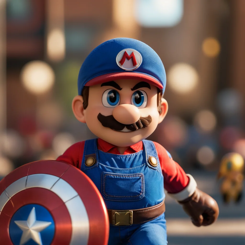 cinematic photo mario dressed as captain america . 35mm photograph, film, bokeh, professional, 4k, highly detailed <lora:Mario1024-000200:0.8>