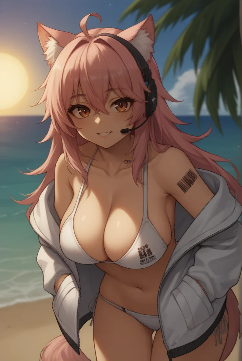 score_9, score_8_up, score_7_up, source_anime, looking at viewer, cowboy shot,
<lora:GravelDwnstyPdxl-08:0.8>, brown eyes, pink hair, long hair, ahoge, animal ears, animal ear fluff, tail, headset, white bikini, cleavage, swimsuit, side-tie bikini bottom, barcode tattoo, shoulder tattoo, bare shoulders, navel, collarbone, cleavage, white jacket,
smile, large breasts, hands in pockets, leaning forward.
outdoors, sun, beach, ocean,