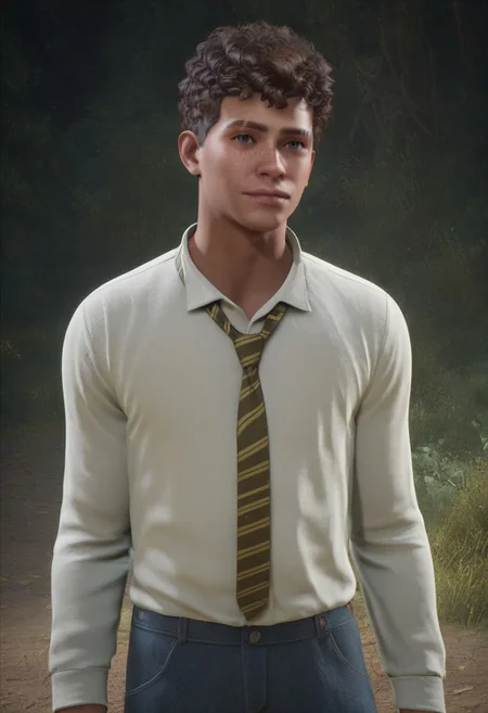 score_9, score_8_up, score_7_up, score_6_up, score_5_up, score_4_up, BREAK realistic, well built, skinny body type, twink, male focus, solo, face focus, good looking face, detailed face, detailed eyes, good looking eyes, perfect face, perfect eyes, 18 yr, soft face, blank expression, perfecteyes, rounder face, 4ng3l face,
light dark skin, a scar on his right eyebrow, two eyebrow, freckless, dark brown curly hair, gaps on left, soft purple colored eyes, good lightning, great lightning,
hogwarts interior, white shirt with a hufflepuff tie, looking at viewer, tie,
full body shot, forest,