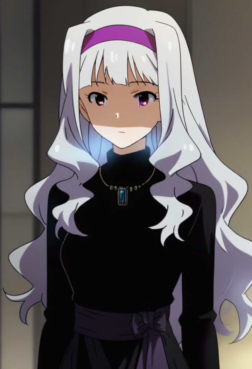 source_anime, uncensored, nsfw, <lora:Takane_Shijou_The_iDOLMSTER_2011_anime_art_style:.8>1girl, solo, grey hair, long hair, purple eyes, breasts, Takane black dress with green brooch outfit , purple hairband, jewelry, necklace, pendant, dress,