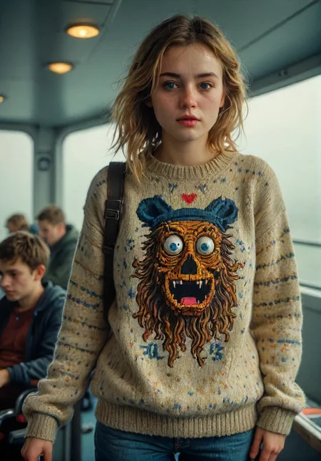 met her on the ferry from Calais over to Dover, immediately noticed her with her hideous pullover, atmospheric, high quality, 8k, high resolution, <lora:Illustration_Insanity:0.8>, <lora:20231230-1703876721187:0.4>, <lora:knitted-sweater-04:0.5>      <lora:ral-vxl:0.6>