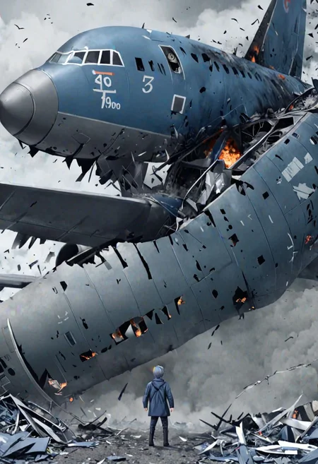 high resolution, solo, best quality, 1Boy, Tomoya Okazaki, Grey Blue Hair, dystopia, Plane Crash, OverallDetail
