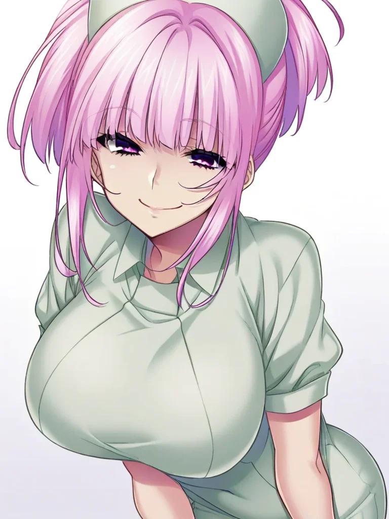 score_9, score_8_up, score_7_up,
1girl, mia tendou, pink hair, blunt bangs, ponytail, pink eyes, large breasts,
standing, white background, looking at viewer, smile, narrowed eyes, nurse, nurse cap, short sleeves