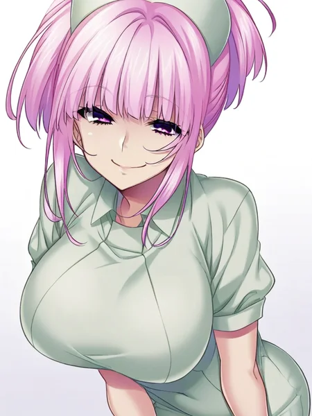score_9, score_8_up, score_7_up, 
1girl, mia tendou, pink hair, blunt bangs, ponytail, pink eyes, large breasts,

standing, white background, looking at viewer, smile, narrowed eyes, nurse, nurse cap, short sleeves
