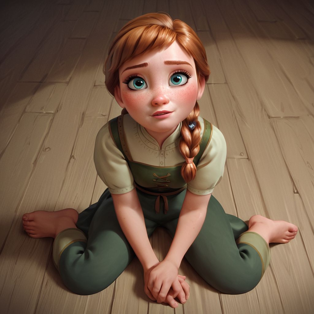 score_9, score_8_up, score_7_up, score_6_up, score_5_up, score_4_up, Anna, freckles, sitting on the floor, barefoot, looking up at viewer